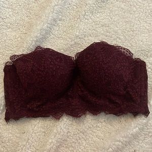 Pink Victoria’s Secret lace strapless bra maroon size medium A-C cups